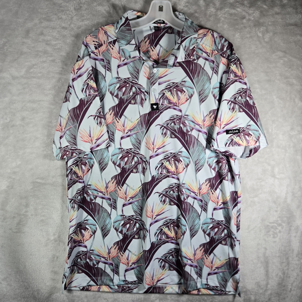 Bad Birdie Floral Polo Mens Size XL Extra Large Golf Shirt Birds Of Paradise